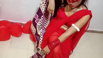 Indian bride in red saree enjoys Valentine's Day with husband in romantic housewife video